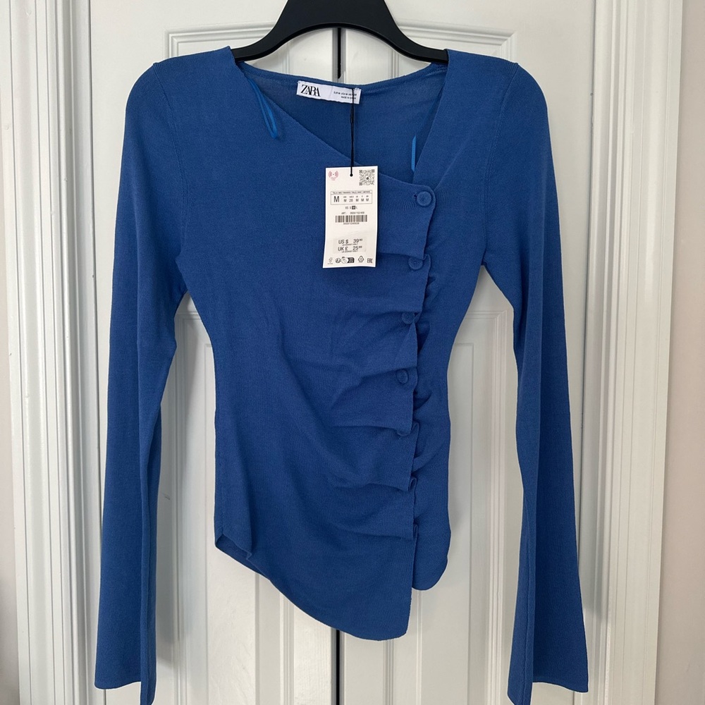 Zara Royal Blue Asymmetric Ruffle Button-Front Long Sleeve Top